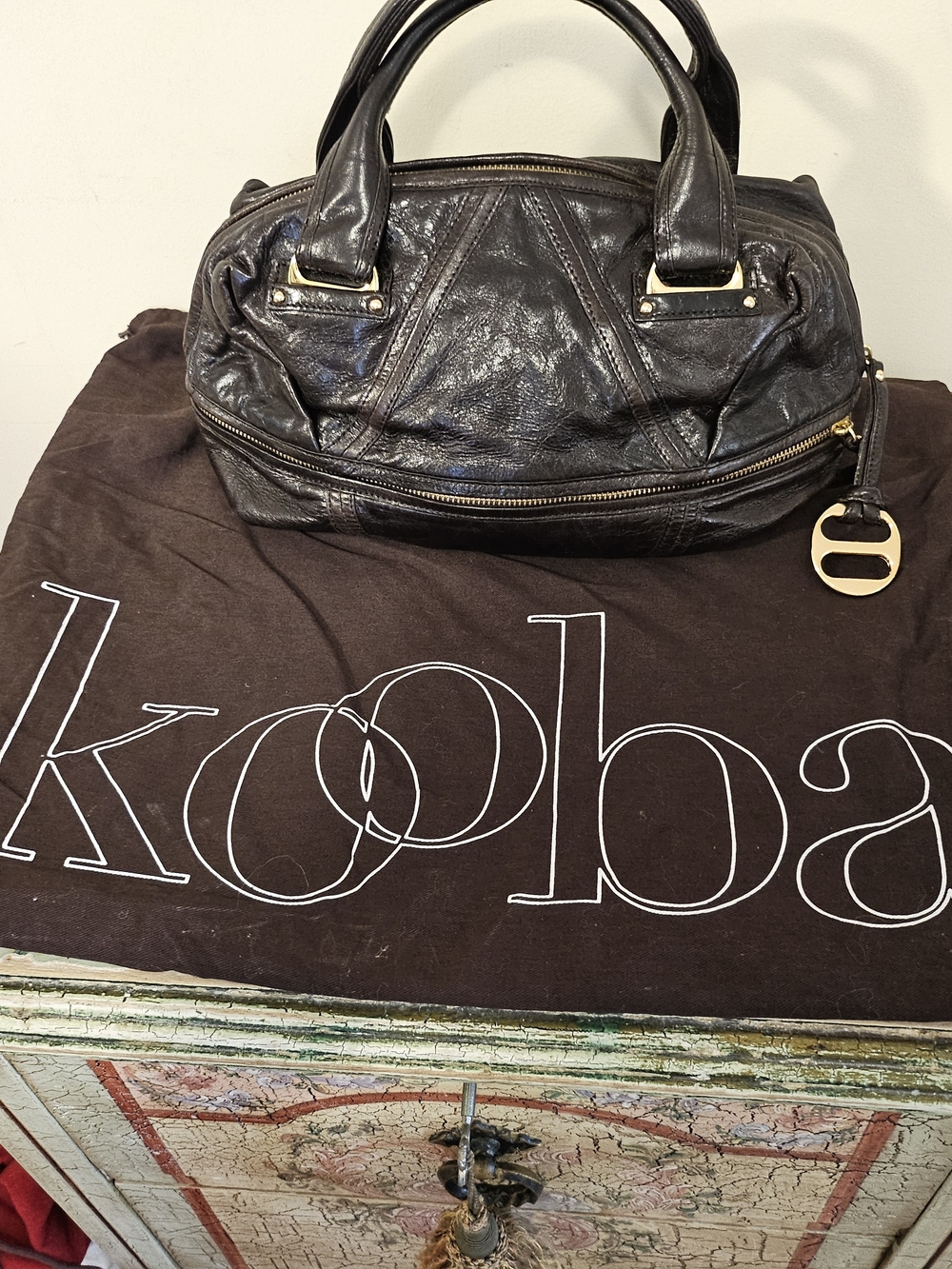 Kooba Black Leather Satchel with Gold Accents